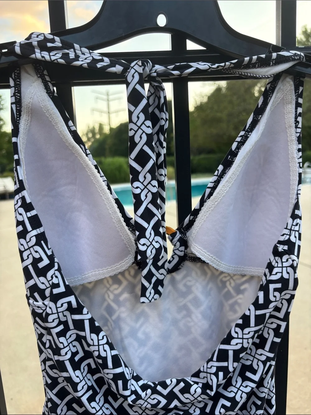 Chain  Black & White Chain-Print One-Piece Swimsuit Gold Ring at Bust